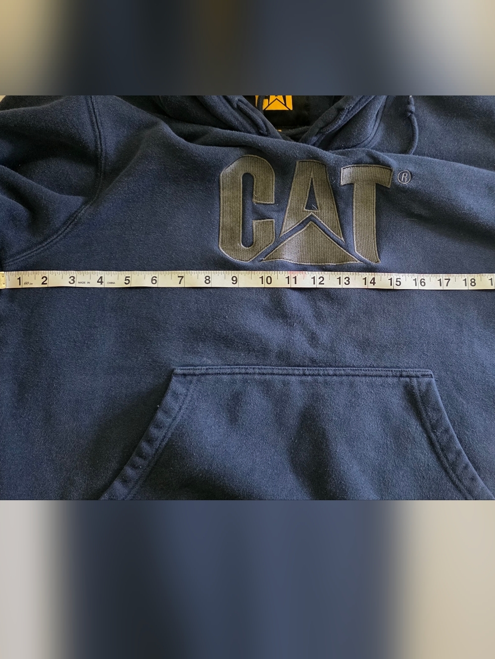 CAT Caterpillar Hoodie Navy Logo Pullover Sweatshirt Workwear Heavyweight Mens M - Picture 12 of 13